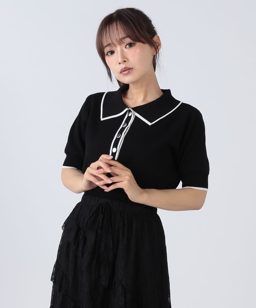 CECIL McBEE(セシルマクビー)の「接触冷感ウォッシャブル配色ライン入りポロ衿ニット(ニット/セーター・レディース・ネイビー/オフホワイト/レッド/ブラック・MEDIUM)」の7枚目の写真