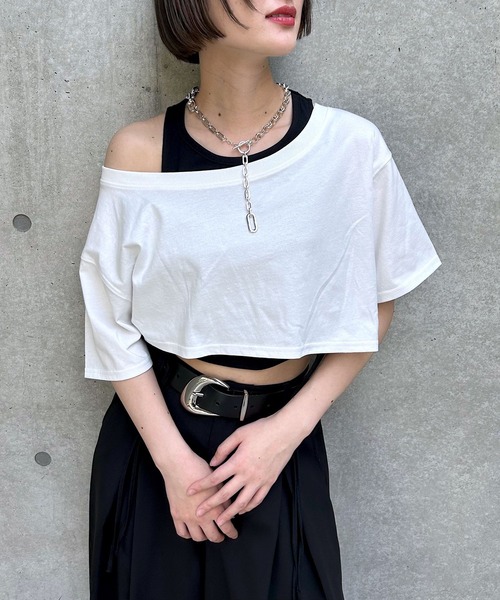 PAGEBOY(ページボーイ)の「オフショルTドロストタンクセット(Tシャツ/カットソー・レディース・オフホワイト/ブラック/サックスブルー/グリーン系その他2・FREE)」の2枚目の写真