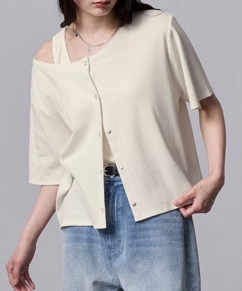 nui nullu(ヌイヌル)の「【nui nullu】2WAYテレコリブタンクトップ&半袖カーディガン セット(Tシャツ/カットソー・レディース・チャコール/ブラック/アイボリー/ブルー・FREE)」の2枚目の写真