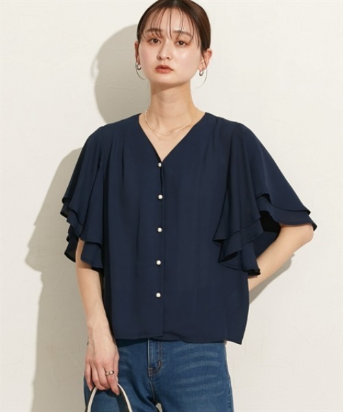 nissen(ニッセン)の「ラッフルスリーブVネック半袖ブラウス(シャツ/ブラウス・レディース・ピンクベージュ/サックスブルー/オフホワイト/ネイビー・M)」の10枚目の写真