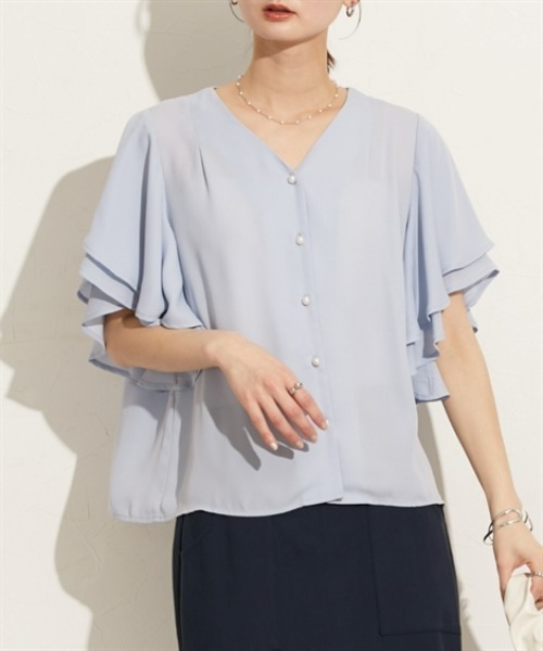 nissen(ニッセン)の「ラッフルスリーブVネック半袖ブラウス(シャツ/ブラウス・レディース・ピンクベージュ/サックスブルー/オフホワイト/ネイビー・M)」の14枚目の写真