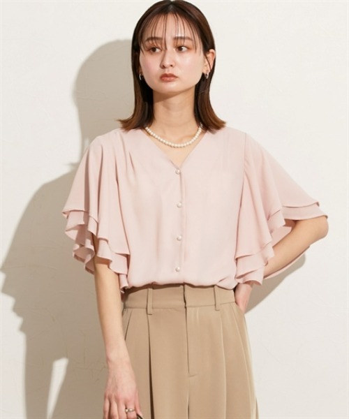nissen(ニッセン)の「ラッフルスリーブVネック半袖ブラウス(シャツ/ブラウス・レディース・ピンクベージュ/サックスブルー/オフホワイト/ネイビー・M)」の19枚目の写真