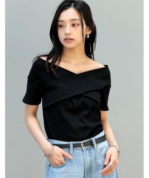 Re:EDIT（リエディ）の「[2025 SUMMER COLLECTION]2WAYリブカットソーオフショルクロスデザイントップス（Tシャツ/カットソー・レディース・ブラック/アイボリー/グレー/オレンジ/ブラウン・MEDIUM/LARGE）」の13枚目の写真