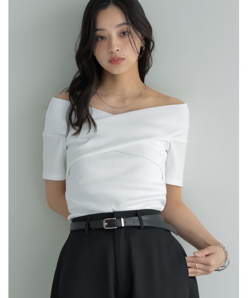 Re:EDIT（リエディ）の「[2025 SUMMER COLLECTION]2WAYリブカットソーオフショルクロスデザイントップス（Tシャツ/カットソー・レディース・ブラック/アイボリー/グレー/オレンジ/ブラウン・MEDIUM/LARGE）」の20枚目の写真