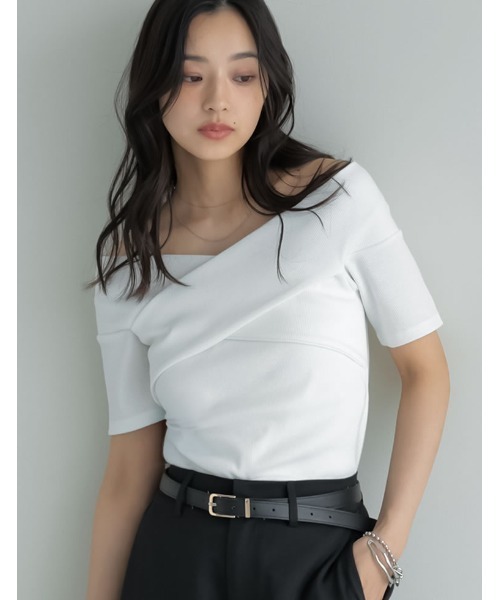 Re:EDIT（リエディ）の「[2025 SUMMER COLLECTION]2WAYリブカットソーオフショルクロスデザイントップス（Tシャツ/カットソー・レディース・ブラック/アイボリー/グレー/オレンジ/ブラウン・MEDIUM/LARGE）」の21枚目の写真