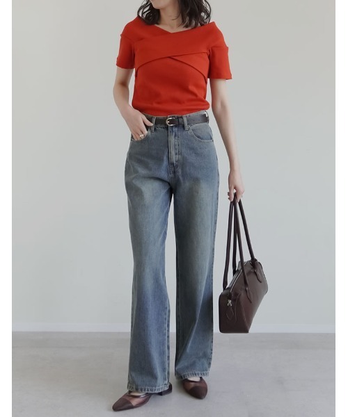 Re:EDIT（リエディ）の「[2025 SUMMER COLLECTION]2WAYリブカットソーオフショルクロスデザイントップス（Tシャツ/カットソー・レディース・ブラック/アイボリー/グレー/オレンジ/ブラウン・MEDIUM/LARGE）」の14枚目の写真