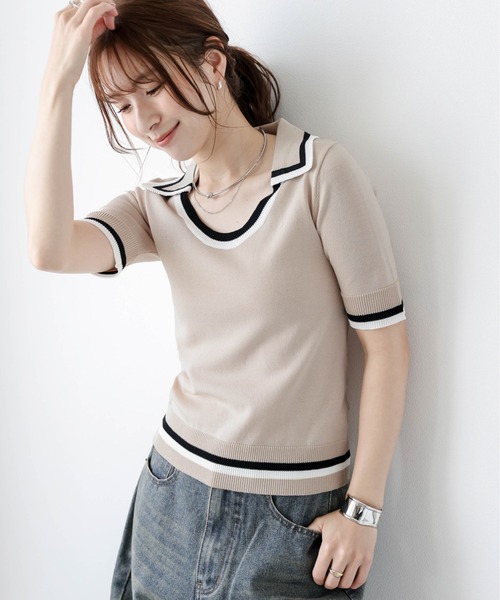La-gemme（ラジェム）の「Uネックポロニット（その他トップス・レディース・ネイビー/ベージュ/ホワイト・フリー）」の2枚目の写真