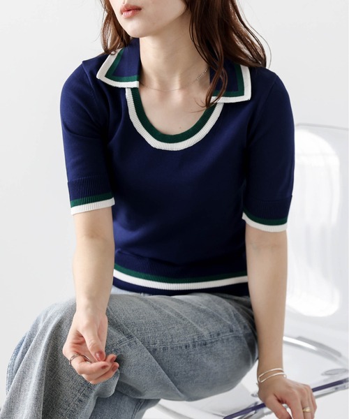 La-gemme（ラジェム）の「Uネックポロニット（その他トップス・レディース・ネイビー/ベージュ/ホワイト・フリー）」の5枚目の写真