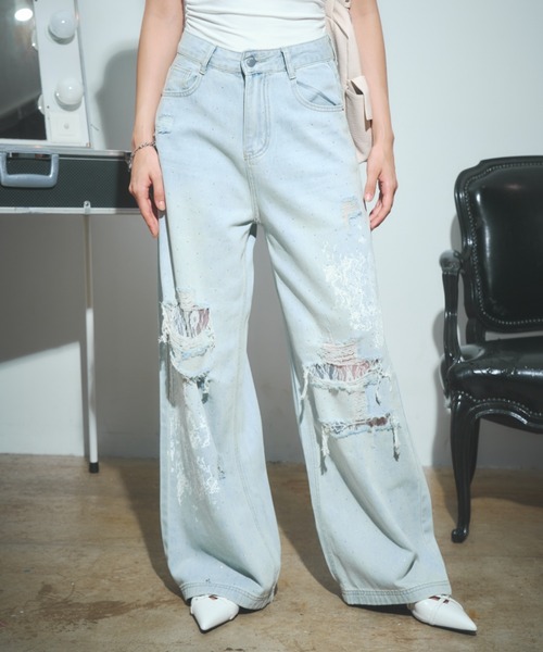 ラインストーンダメージレースデニムパンツ（デニムパンツ）｜BLONDEY