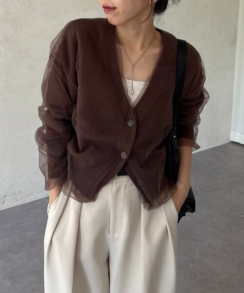 即購入OK カプリシュレマージュ　チュールレイヤードカーディガン 1枚で着映え】チュールレイヤードカーディガン（カーディガン