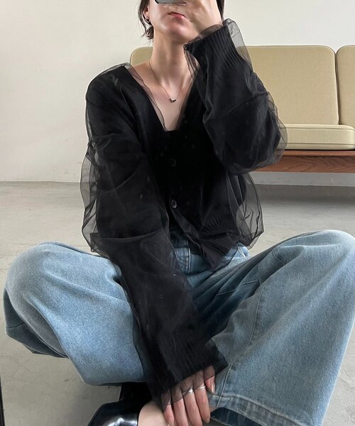 CAPRICIEUX LE'MAGE チュールレイヤードカーディガン 1枚で着映え】チュールレイヤードカーディガン（カーディガン