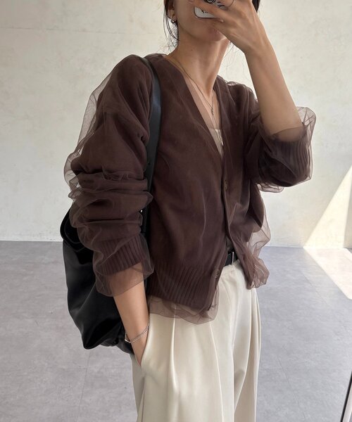 カプリシュレマージュ　チュールレイヤードカーディガン　ベージュ 1枚で着映え】チュールレイヤードカーディガン（カーディガン