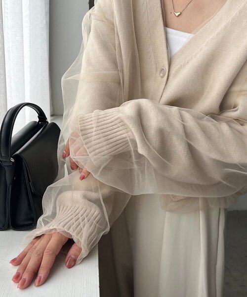 カプリシュレマージュ　チュールレイヤードカーディガン　ベージュ 1枚で着映え】チュールレイヤードカーディガン（カーディガン