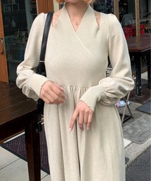 【25年秋冬新作】ホルターネック カットオフ ニットロングフレアワンピース 結婚式 パーティー お呼ばれ