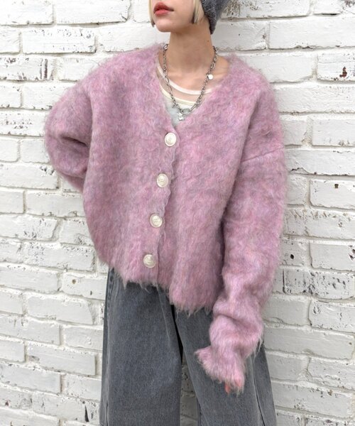 w closet(ダブルクローゼット)の「【25AW】MIXシャギーBIGボタンカーディガン(カーディガン/ボレロ・レディース・ピンク/グレー/サックスブルー/ベージュ/グリーン/オフホワイト・FREE)」の6枚目の写真