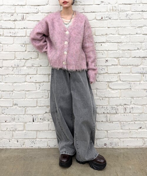 w closet(ダブルクローゼット)の「【25AW】MIXシャギーBIGボタンカーディガン(カーディガン/ボレロ・レディース・ピンク/グレー/サックスブルー/ベージュ/グリーン/オフホワイト・FREE)」の19枚目の写真