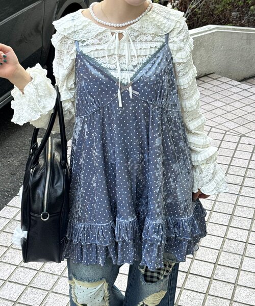 CIAOPANIC（チャオパニック）の「アソート柄ベロアキャミチュニックワンピース〈ドット／フラワー〉（チュニック・レディース・ブラック/グレー/カーキ/ブラック系その他/ベージュ系その他・ONE SIZE）」の7枚目の写真