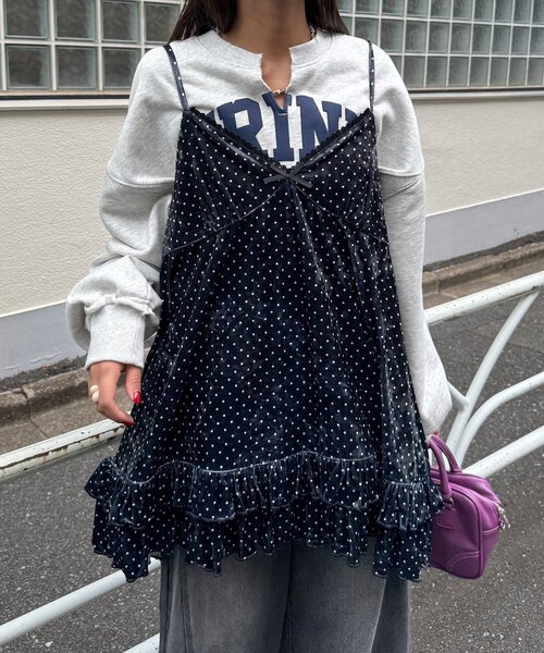 アソート柄ベロアキャミチュニックワンピース〈ドット／フラワー