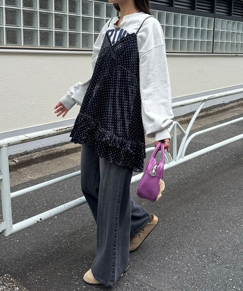 アソート柄ベロアキャミチュニックワンピース〈ドット／フラワー