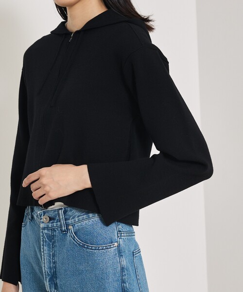 qualite（カリテ）の「【大人のパーカー】フーディーニットブルゾン/秋服/ジップパーカー/ショートパーカー（パーカー・レディース・ブラック/オフホワイト・フリー）」の7枚目の写真