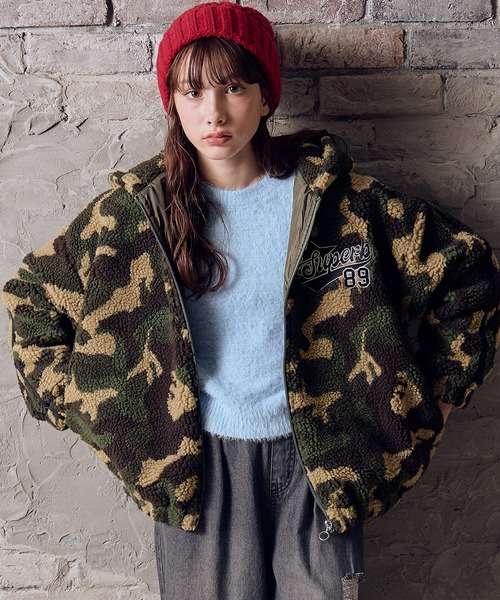 フード付き袖ラインボアジャケット（カモフラ/ブラック）（その他