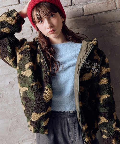 セール】フード付き袖ラインボアジャケット（カモフラ/ブラック