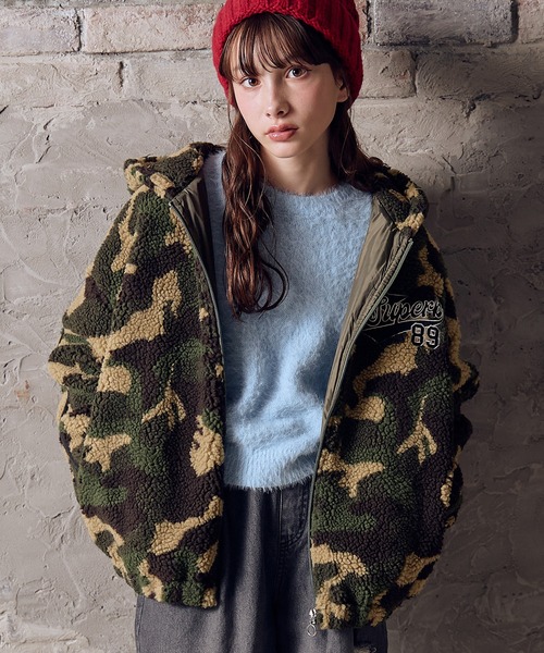 フード付き袖ラインボアジャケット（カモフラ/ブラック）（その他