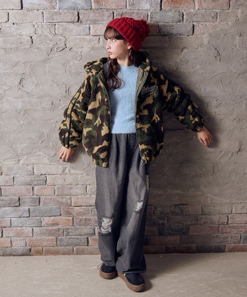 フード付き袖ラインボアジャケット（カモフラ/ブラック）（その他