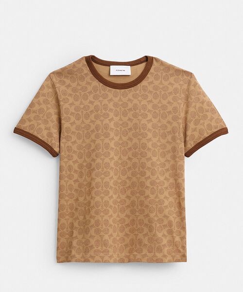 COACH コーチ Tシャツ・カットソー S 茶xベージュ(総柄) 【古着】【中古】 シグネチャー リンガー Tシャツ（Tシャツ/カットソー）｜COACH（コーチ