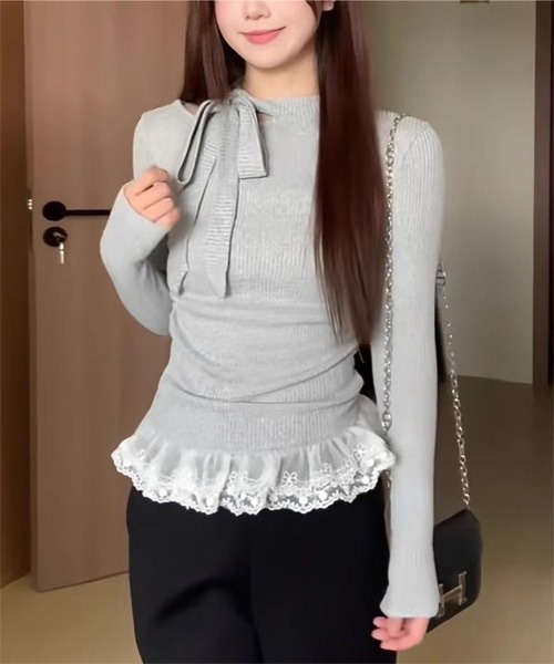 Ritzy(リッツィー)の「裾レース付き リボンデザイントップス(ニット/セーター・レディース・グレー/ホワイト・M/L)」の9枚目の写真