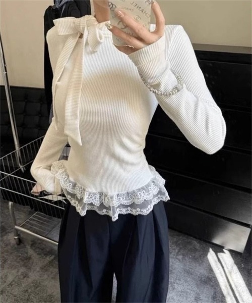 Ritzy(リッツィー)の「裾レース付き リボンデザイントップス(ニット/セーター・レディース・グレー/ホワイト・M/L)」の17枚目の写真