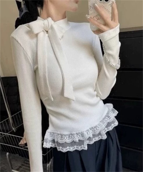Ritzy(リッツィー)の「裾レース付き リボンデザイントップス(ニット/セーター・レディース・グレー/ホワイト・M/L)」の3枚目の写真