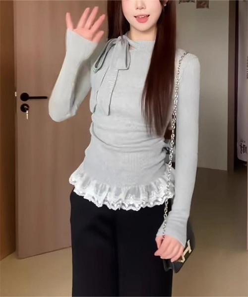 Ritzy(リッツィー)の「裾レース付き リボンデザイントップス(ニット/セーター・レディース・グレー/ホワイト・M/L)」の4枚目の写真