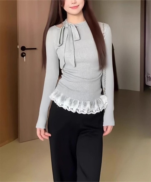 Ritzy(リッツィー)の「裾レース付き リボンデザイントップス(ニット/セーター・レディース・グレー/ホワイト・M/L)」の5枚目の写真