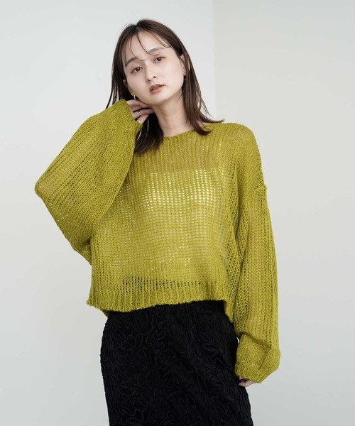 Bulue.(ブルー)の「【Bulue.】透かし編みクロップド丈ニット(ニット/セーター・レディース・オレンジ/オリーブ・FREE)」の9枚目の写真