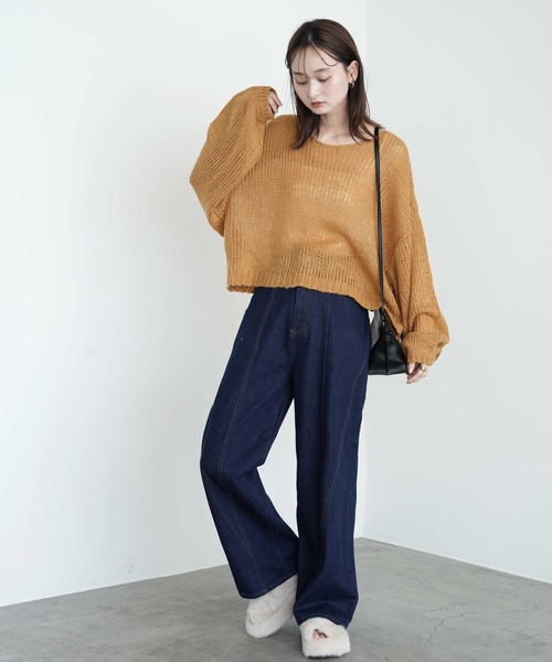 Bulue.(ブルー)の「【Bulue.】透かし編みクロップド丈ニット(ニット/セーター・レディース・オレンジ/オリーブ・FREE)」の12枚目の写真