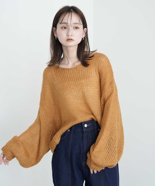 Bulue.(ブルー)の「【Bulue.】透かし編みクロップド丈ニット(ニット/セーター・レディース・オレンジ/オリーブ・FREE)」の14枚目の写真