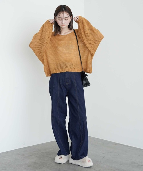 Bulue.(ブルー)の「【Bulue.】透かし編みクロップド丈ニット(ニット/セーター・レディース・オレンジ/オリーブ・FREE)」の15枚目の写真