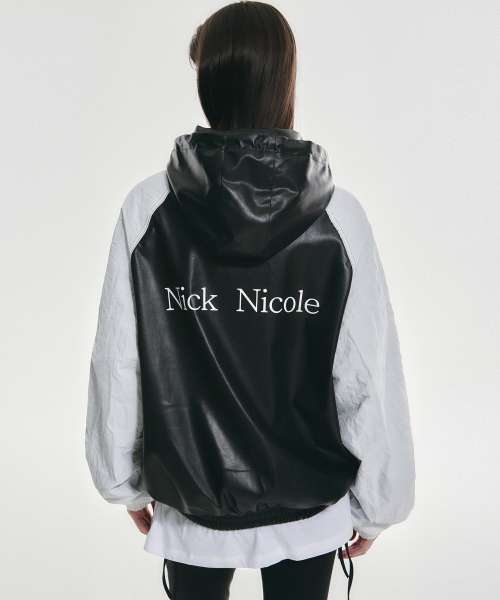NICK&NICOLE（ニックアンドニコール）の「RAGLAN HOODY LEATHER JUMPER_BLACK WHITE（ライダースジャケット・レディース・その他・FREE）」の3枚目の写真