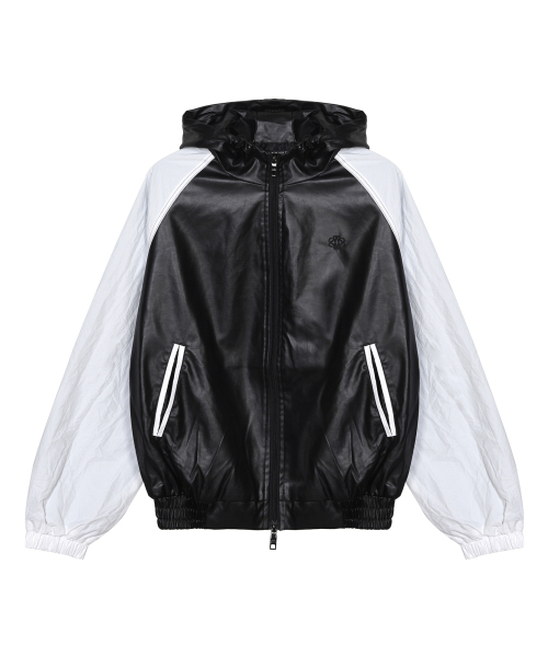 NICK&NICOLE（ニックアンドニコール）の「RAGLAN HOODY LEATHER JUMPER_BLACK WHITE（ライダースジャケット・レディース・その他・FREE）」の4枚目の写真