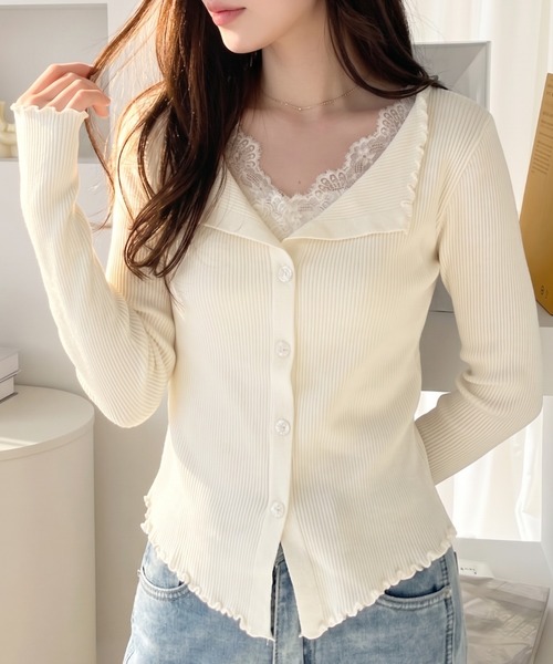 Ada.(エイダ)の「レース レイヤード風 スカラップ カーデ(カーディガン/ボレロ・レディース・ブラック/オフホワイト/グレー/ベージュ/ブラウン/ボルドー・FREE)」の7枚目の写真