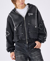 RE730（アールイーセブンサーティー）の「デニムクロスアップリケジップパーカー 古着風ビンテージ（ライダースジャケット）」