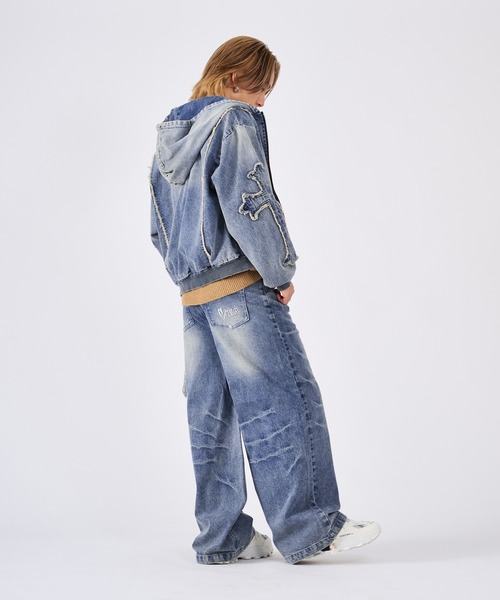 セール】デニムクロスアップリケジップパーカー 古着風ビンテージ