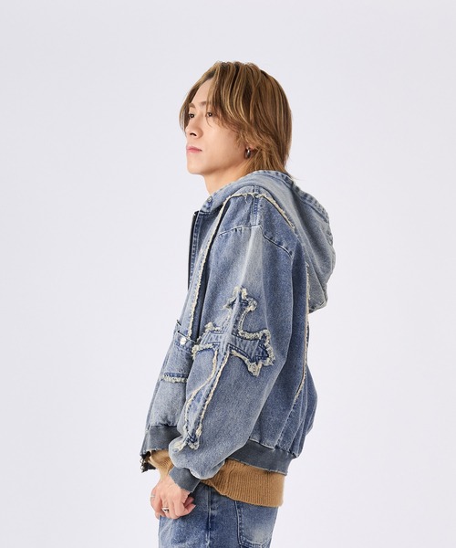 セール】デニムクロスアップリケジップパーカー 古着風ビンテージ