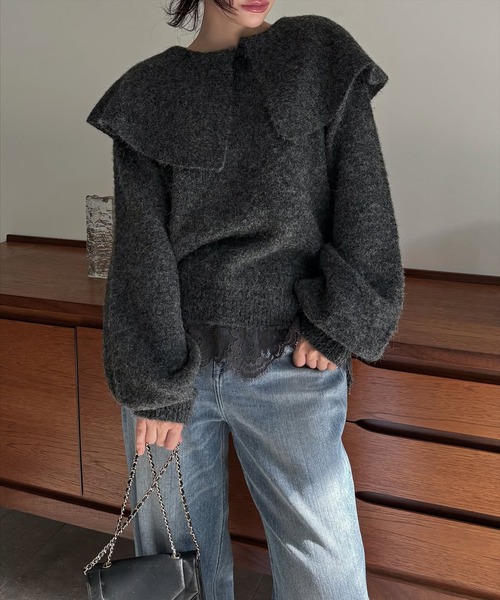 WILLFULLY（ウィルフリー）の「overlay big collar volume sleeve knit（ニット/セーター・レディース・チャコール/ベビーピンク/ライトブルー・FREE）」の2枚目の写真