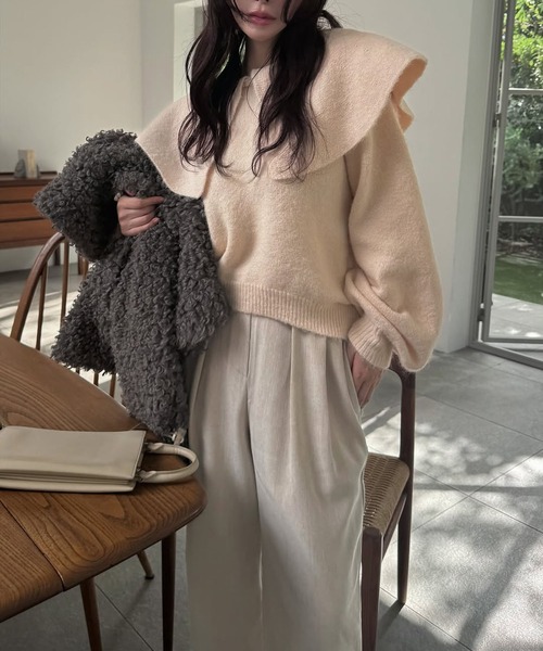 WILLFULLY（ウィルフリー）の「overlay big collar volume sleeve knit（ニット/セーター・レディース・チャコール/ベビーピンク/ライトブルー・FREE）」の5枚目の写真