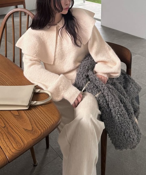 WILLFULLY（ウィルフリー）の「overlay big collar volume sleeve knit（ニット/セーター・レディース・チャコール/ベビーピンク/ライトブルー・FREE）」の9枚目の写真