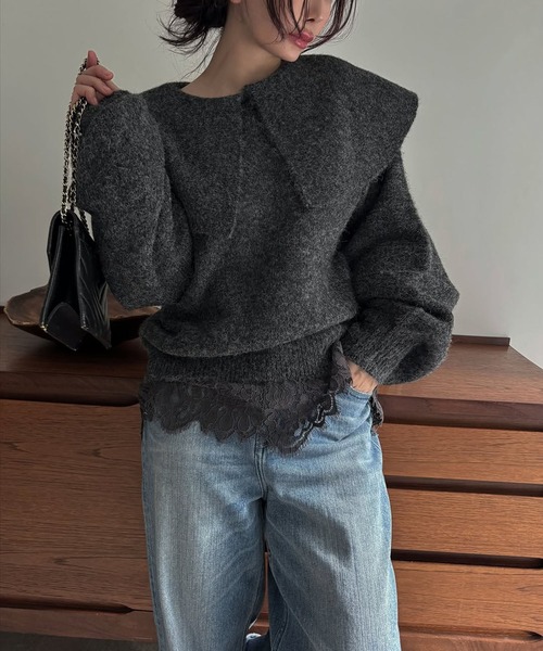 WILLFULLY（ウィルフリー）の「overlay big collar volume sleeve knit（ニット/セーター・レディース・チャコール/ベビーピンク/ライトブルー・FREE）」の18枚目の写真