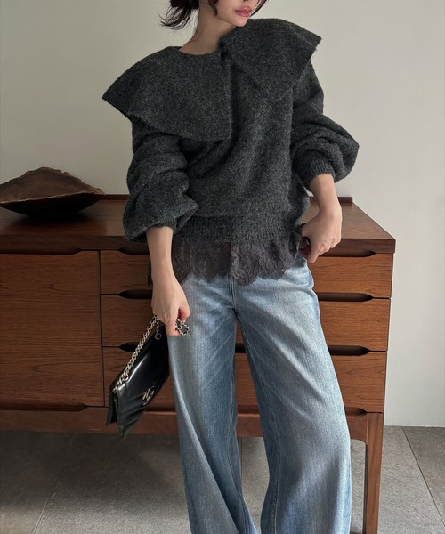 WILLFULLY（ウィルフリー）の「overlay big collar volume sleeve knit（ニット/セーター・レディース・チャコール/ベビーピンク/ライトブルー・FREE）」の19枚目の写真