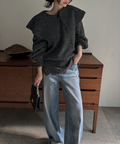 WILLFULLY（ウィルフリー）の「overlay big collar volume sleeve knit（ニット/セーター・レディース・チャコール/ベビーピンク/ライトブルー・FREE）」の22枚目の写真